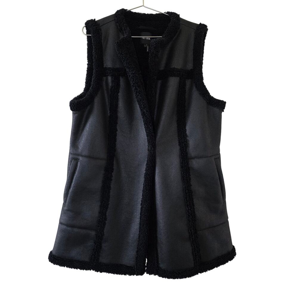 NIC+ZOE Faux Shearling Long Vest Black Women Size L Sleeveless Open Front
